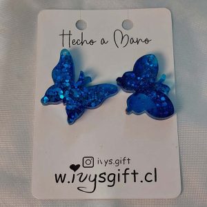 Aros Mariposa Azul traslucido con Glitter azul