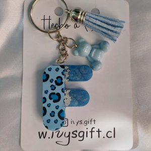 Llavero Letra F 9 Leopardo Azul cielo con glitter plata